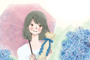 紫陽花と傘をさした女性がプレゼントを持ってるイラスト