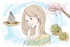 女性と桜、蕗、筍のイラスト