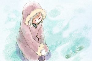 雪下出麦をイメージした雪の中ピンクファーコートの女の子